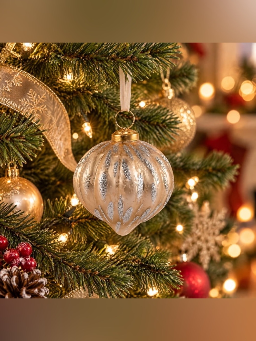 2/ Holiday Time Gold and Silver Glitter Ribbed Glass Ornament